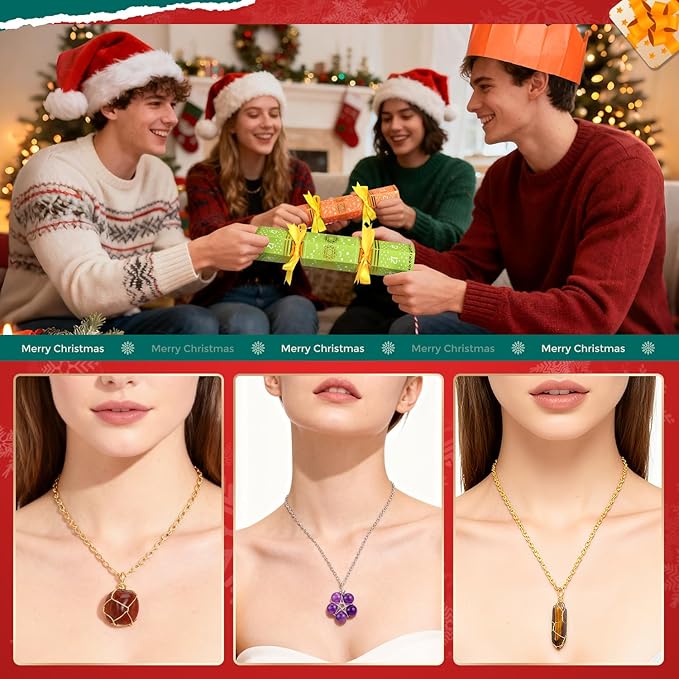 MOVINPE 8 Pack Christmas No Snap Party Table Favors, 10” Christmas Table Decorations with Gemstone Necklaces, Paper Crown, Joke Card, Traditions Holiday Family Dinner Gift Set