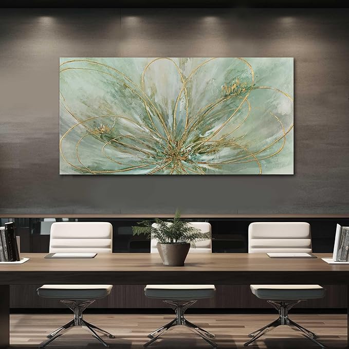 YJYart Green Flowers Canvas Wall Art Modern Paintings with Gold Foil Abstract Nature Wall Decorations for Home Office Living Room Bedroom 24" x 48"
