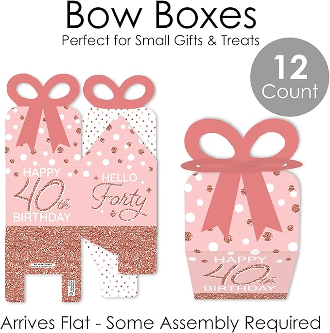 Big Dot of Happiness 40th Pink Rose Gold Birthday - Square Favor Gift Boxes - Happy Birthday Party Bow Boxes - Set of 12