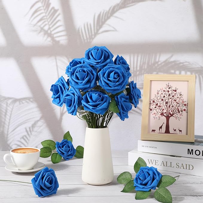 100 Pieces Artificial Foam Rose Flowers Faux Bouquet with Leaves and Stems for DIY Wedding Bouquets Centerpieces Bridal Shower Party Valentine Home Decorations(Royal Blue)