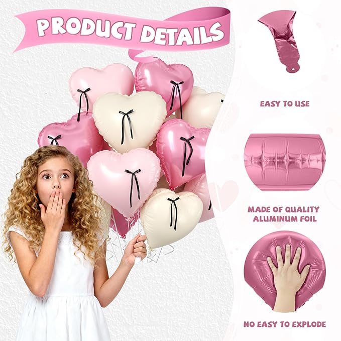 Pink Heart Balloons, 10 Pcs Pastel Pink Cream Heart Shaped Balloon with Black Bow Ribbon, 18 Inch Pink Sand White Foil Balloons for Girls Women Brithday Baby Shower Wedding Valentines Party Decoration