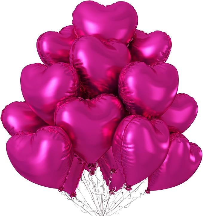 Hot Pink Heart Balloons,12Pcs 18 Inch Pink Foil Love Heart Shaped Balloons for Wedding Bridal Engagement Anniversary Birthday Party Celebration Baby Shower Valentines Day Decorations