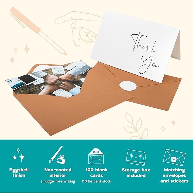 VNS Creations Thank You Cards With Envelopes Bulk Set & Stickers - 100 Pack 4x6 Blank Thank You Notes Bulk Box Set - Large Note Card Small Business, Wedding, Baby Shower & Bridal Shower - White