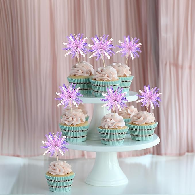 Gyufise 30Pcs Foil Firework Cupcake Toppers Happy Birthday Cake Toppers Tinsel Flower Drink Stirrers Cocktail Food Fruit Toothpicks for Valentine's Day Party Birthday Wedding Supplies Purple