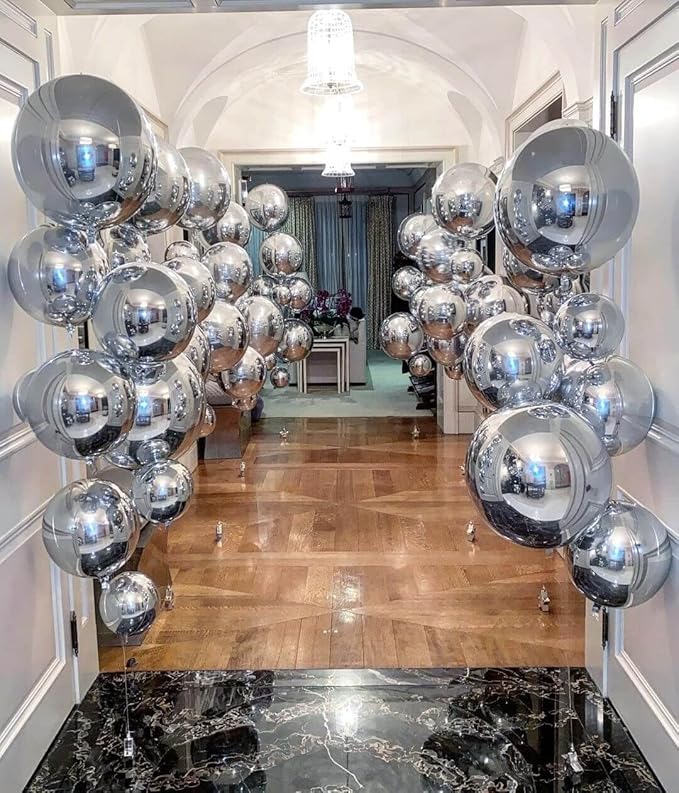 6 Pack Silver 22 Inch 4D Foil Balloons Big 360 Degree Round Sephere Mylar Balloons Mirror Finish Metallic Balloons for Wedding,Birthday,Bachelorette,Baby Shower Decorations Party Supplies
