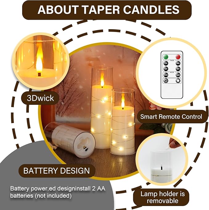 Flameless LED Candles with Timer 5 Pc Flickering Flameless Candles for Romantic Ambiance and Home Decoration Stable Acrylic Shell,with Embedded Star String，Battery Operated Candles（White）