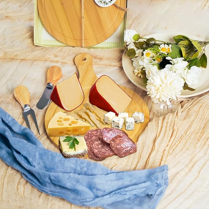 24 Set Bridal Shower Party Favors Round Wooden Cheese Board Gift Set with Box Knife Fork and Thank You Tag, Bamboo Charcuterie Board for Guests Wedding Bridal Baby Shower Housewarming Party Gifts