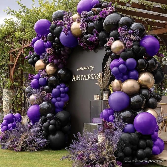 Purple Black Gold Balloon Garland Double Stuffed Dark Purple Black Balloons Metallic Lilac Balloon Arch Kit for Birthday Prom Anniversary Bachelorette Party Decoration