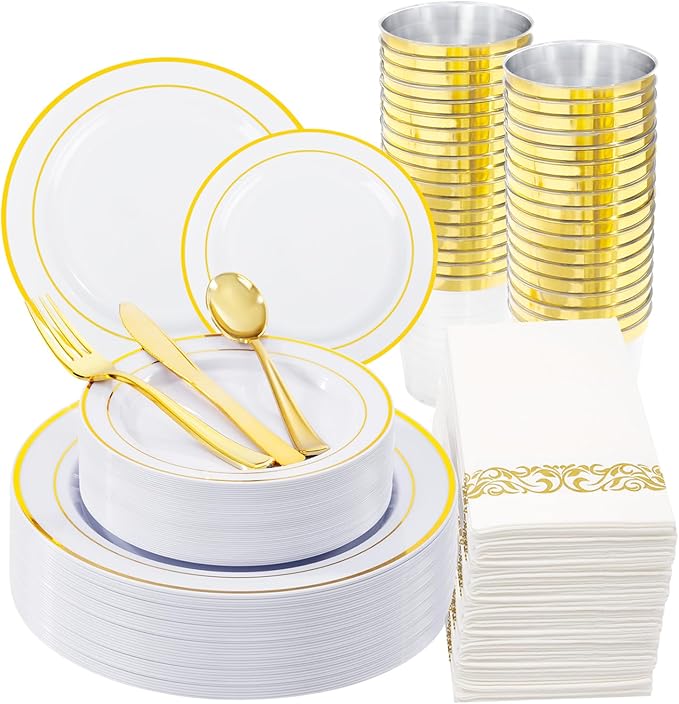 WDF 175PCS White and Gold Plastic Plates - Gold Plates Disposable - 25 Guest Thanksgiving Disposable Dinnerware Sets Include 50 Plate, 25 Cutlery, 25 Napkins and 25 Cups for Party/Thanksgiving/Wedding