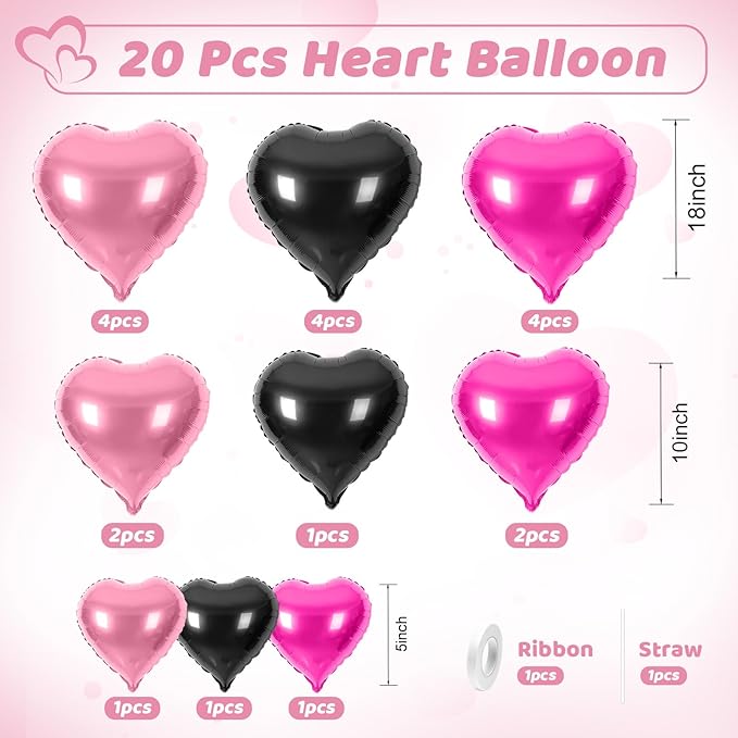 Hot Pink Black Heart Balloons, Heart Shaped Ballons, 20 Pcs 5/10/18 inch Pink Black Foil Love Balloons for Valentine's Day Wedding Engagement Bridal Showers Anniversary Celebrations