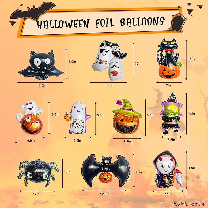 20Pcs Halloween Party Balloons, Ghost Pumpkin Black Bat Spider Witch Wizard Black Cat Monster Balloons for Halloween Theme Party Decorations Supplies