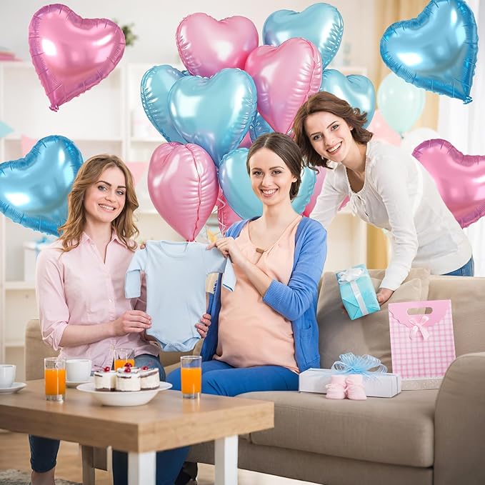 Blue Pink Heart Balloons, Heart Shaped Balloons, 20 Pcs 5/10/18 inch Different Sizes Light Pink Blue Foil Love Balloon for Birthday Gender Reveal Baby Shower Decorations Wedding Engagement