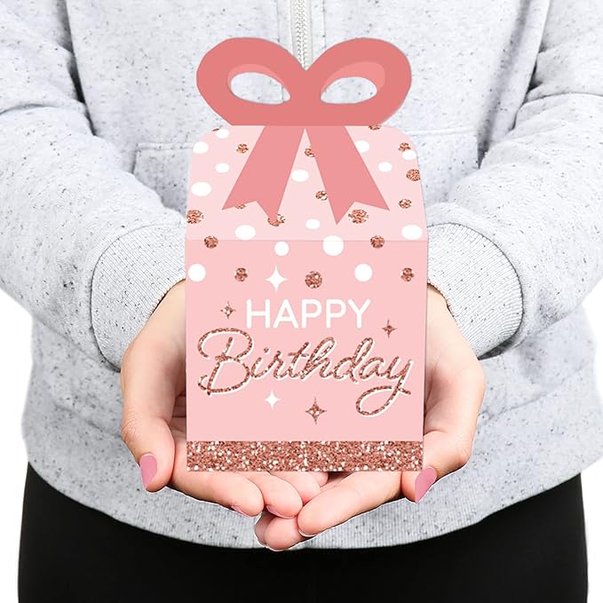 Big Dot of Happiness Pink Rose Gold Birthday - Square Favor Gift Boxes - Happy Birthday Party Bow Boxes - Set of 12