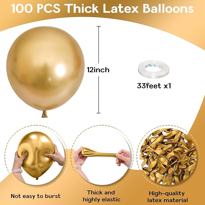 Gold Balloons 12 Inch 100 Pack, Metallic Gold Balloons Chrome Gold Metallic Balloon Shiny Matte Golden Latex Balloons for Birthday Graduation Anniversary Baby Shower Wedding Party Decorations