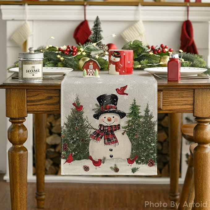 Artoid Mode Snowman Birds Trees Christmas Table Runner, Seasonal Silver Winter Holiday Kitchen Dining Table Decoration for Home Party Decor 13 x 72 Inch