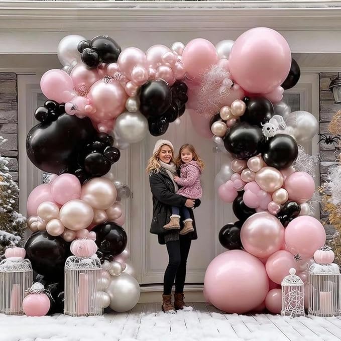 Pearl Pink Black Balloon Arch Kit, Double Stuffed Pastel Baby Pink Blush Silver Balloon Garland for Baby Shower Birthday Christmas Winter Bridal Wedding Party Decoration