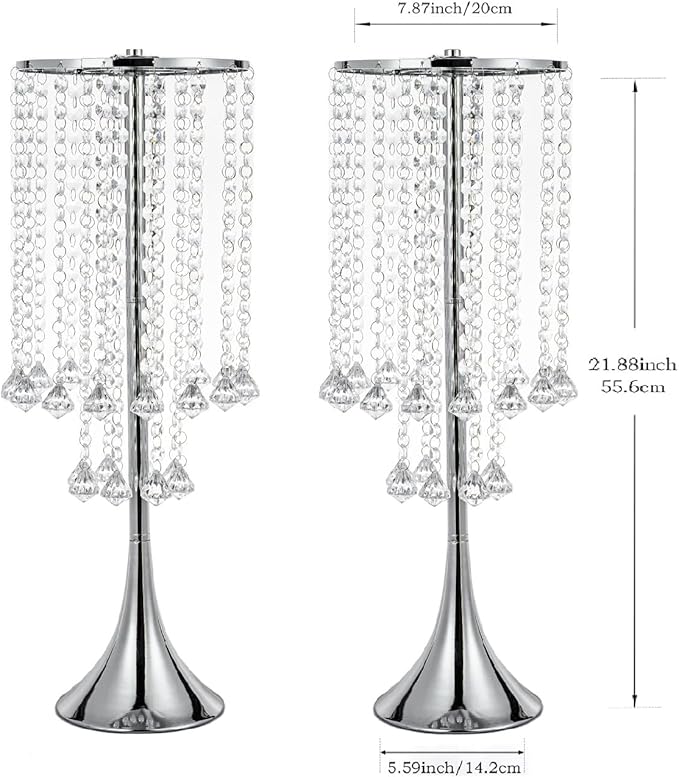 2Pcs 21.88" Height Elegant Centerpieces with Chandelier Crystals Metal Vase Silver Flower Stand for Table Wedding Centerpieces Decorations, Christmas,Event, Home, Party