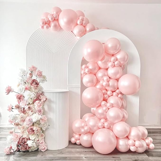 Pearl Pink Balloon Arch Kit Double Stuffed Pearl and Pink Balloons With Pear-l Stickers 5/10/12/18 Inch P-ink Balloon Arch For Wedding Birthday Baby Shower Decorations