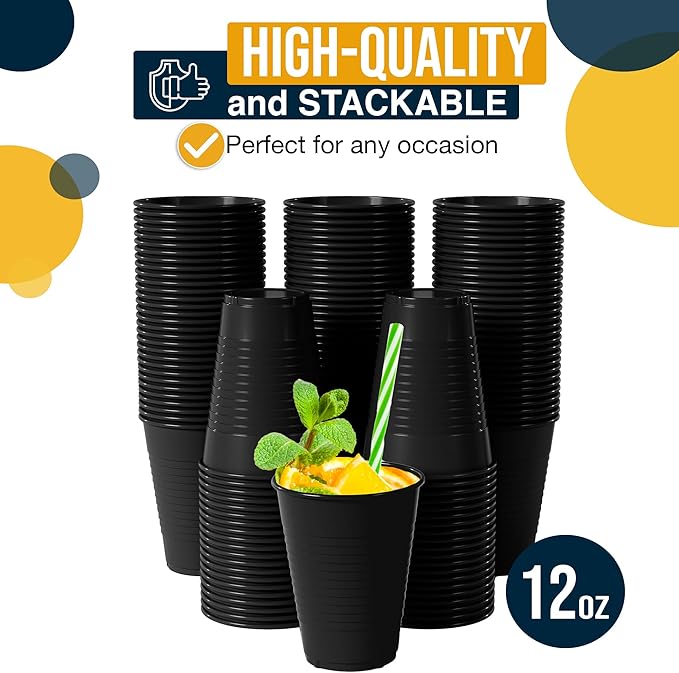 Exquisite Party Solids 12 Oz Black Plastic Cups For Party Supplies 50 Pack | Black Disposable Cups Plastic | Disposable Drinkware For Parties, Events & Everyday