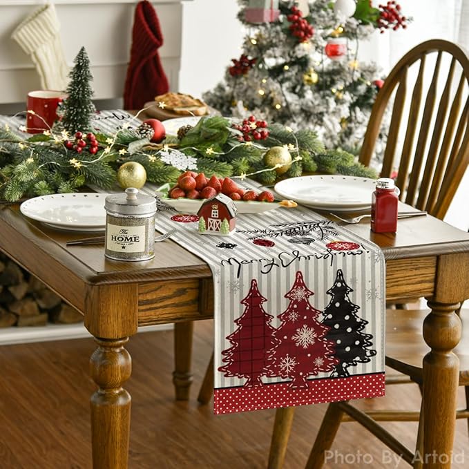 Artoid Mode Xmas Trees Snowflakes Stripes Merry Christmas Table Runner, Seasonal Winter Holiday Kitchen Dining Table Decoration for Home Party Decor 13x72 Inch