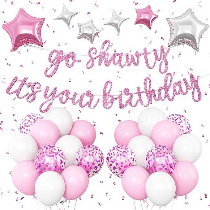 Pink Go Shawty It's Your Birthday Banner Balloons Set, Glitter Happy Birthday Banner with Pink White Confetti Balloon Silver Star Foil Balloon for Women Hip Hop Rap Theme Birthday Party Decorations