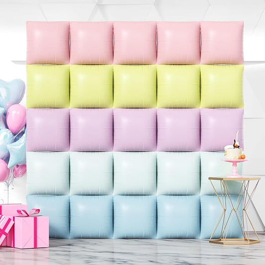 NISOCY 25PCS Pastel Square Foil Balloons Wall Backdrop Double Sided Multicolor Macaron Balloon Tunnel Arch Kit for Birthday Baby Bridal Shower Gender Reveal Easter Wedding Party Decorations