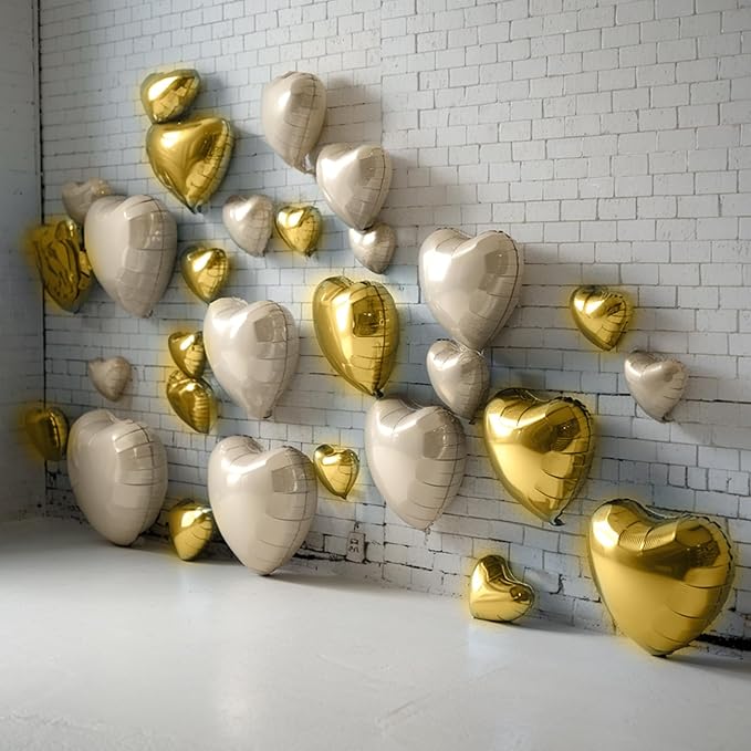 Champagne Gold Cream Heart Balloons, 19PCS Light Gold Heart Shape Balloons, 18Inch with 10Inch Beige Foil Heart Balloon for Birthday Marriage Wedding Bridal Party Anniversary Decoration