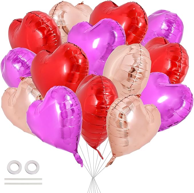 TONIFUL 30Pcs 18 Inch Heart Balloons Red Hot Pink Rose Gold Valentine’s Day Heart Shape Foil Mylar Balloons Decoration for Valentine's Day Wedding Bridal Shower Anniversary Engagement Party Supplies