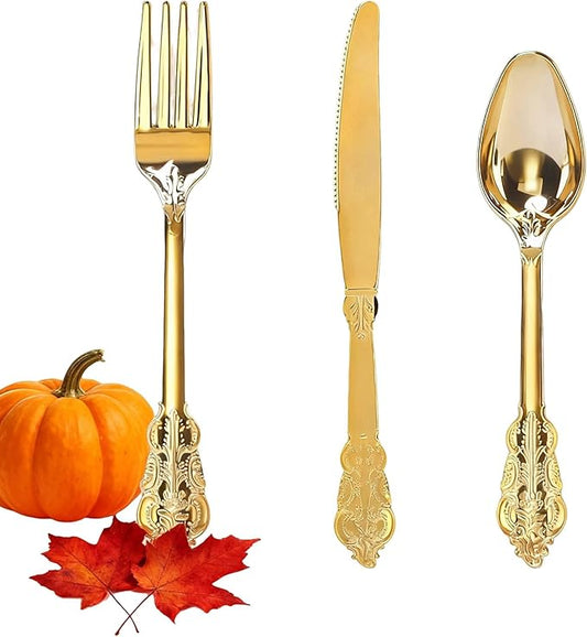 WDF 300 Pieces Gold Plastic Silverware Disposable - Heavy Duty Thanksgiving Plastic Cutlery - Gold Silverware Sets Includes 100 Forks, 100 Spoons, 100 Knives