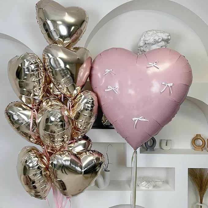 Champagne Gold Cream Heart Balloons,12Pcs 18 Inch Beige Foil Love Heart Shaped Balloons for Birthday Party Wedding Engagement Anniversary Graduation Baby Shower Valentines Day Decorations