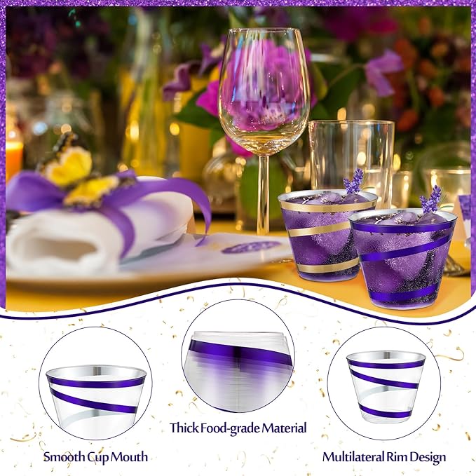 Gejoy 9 oz Rimmed Swirl Plastic Cups Disposable Wine Drinking Cups Clear Elegant Halloween Tumblers for Christmas Party Supplies(Purple, Gold,100 Pcs)
