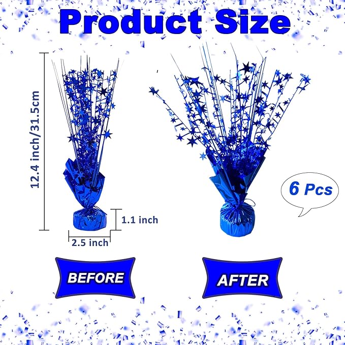 6 Pack Metallic Foil Spray Centerpiece Star Table Decoration Burst Glitter Tabletop Centerpieces for Birthday Christmas New Years Nye Wedding Graduation Holiday Party Supplies Decor, Blue
