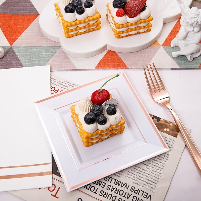 Festiva 350Pcs Rose Gold Plates and Napkins Party Supplies-Square White and Rose Gold Disposable Dinnerware include Plates Cups Cutlery Napkins for 50 Guests Wedding &Christmas Party&Mother's Day