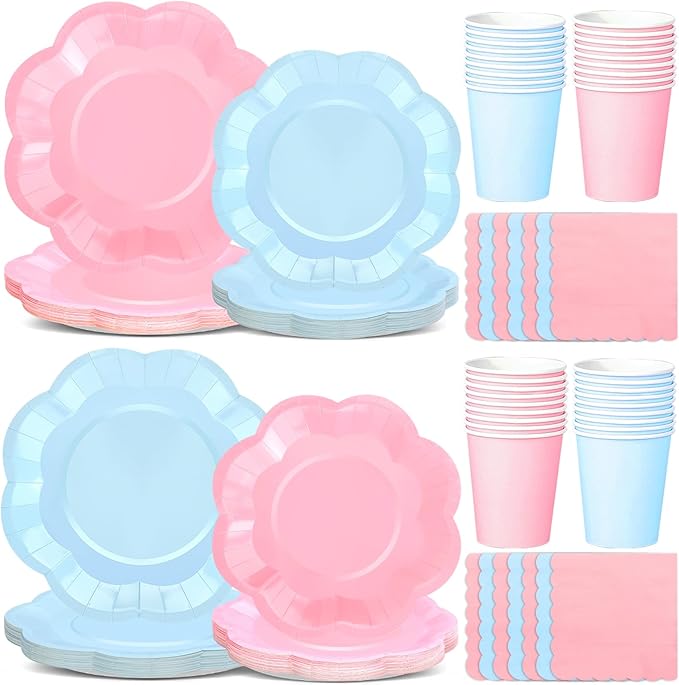 260 Pcs Blue And Pink Party Supplies - For 52 Guests Paper Plates And Napkins/Cups - Disposable Big Scalloped Dinner Party Set Cutlery - For Bbq Baby Shower Bridal Shower Wedding