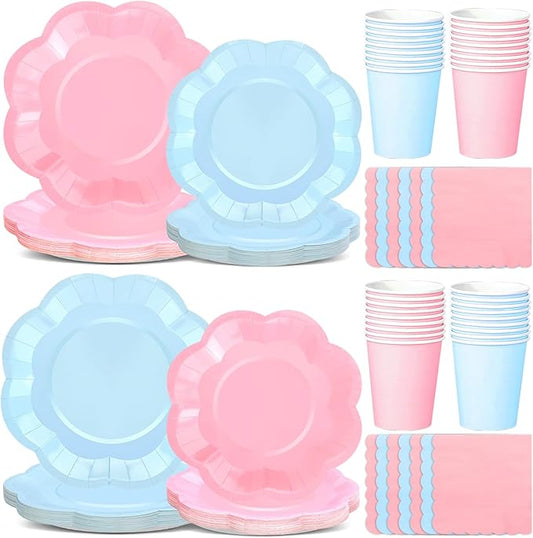 260 Pcs Blue And Pink Party Supplies - For 52 Guests Paper Plates And Napkins/Cups - Disposable Big Scalloped Dinner Party Set Cutlery - For Bbq Baby Shower Bridal Shower Wedding