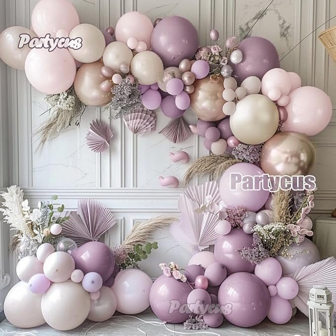 Dusty Purple Pink Balloon Arch Kit, Double Stuffed Lavender White Sand Pearl Balloon Garland with Pastel Pink Lilac Blush Gold Latex for Baby Shower Birthday Wedding Fall Party Decoration