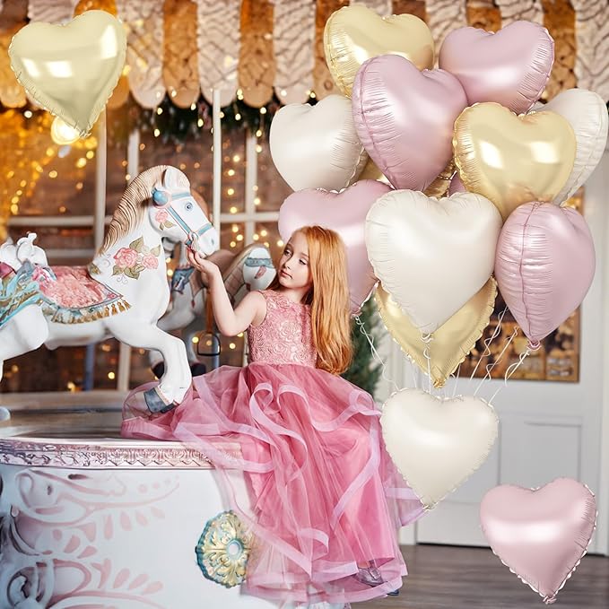 Dusty Pink Cream Heart Balloons, 12Pcs 18 Inch Retro Blush Pink Nude Apricot Beige Pastel Gold Neutral Heart Shape Foil Balloon for Birthday Wedding Baby Bridal Shower Valentines Party Decorations