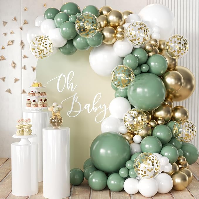 155Pcs Sage Green White Gold Balloon Garland Arch Kit with Gold Confetti Balloons for Graduation Baby Shower Decor Happy Birthday Party Wedding Jungle Decorations