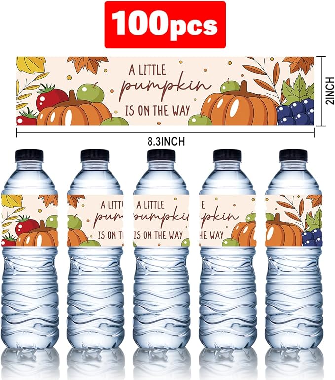 100Pcs A Little Pumpkin Is on The Way Baby Shower Water Bottle Labels Waterproof Wrappers for Fall Baby Shower Decorations and Party Drink Stations