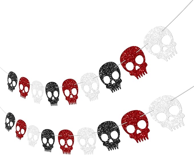 2PC Black/Silver/Red Skull Garland for Halloween Party Decorations Glitter Skull Banner for Gothic Birthday Decorations Supplies
