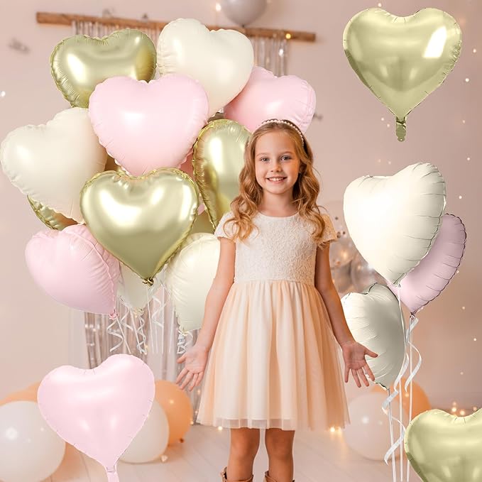 Baby Pink Gold Heart Balloons, 10 Pcs Light Gold Cream Heart Shaped Balloon, 18 Inch Light Pink Sand White Foil Balloons for Girls Women Brithday Bridal Baby Shower Wedding Valentines Party Decoration