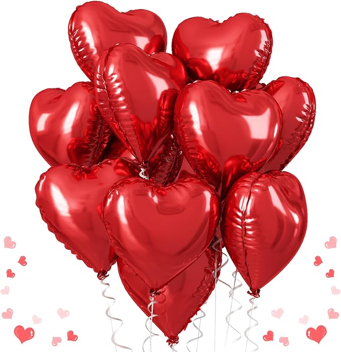 Red Heart Balloons, 18 Inch Metallic Red Foil Balloon Helium 10Pcs Large Ruby Heart Shape Foil Balloons for Wedding Girls Women Birthday Anniversary Bachelorette Valentines Day Baby Shower Mother Day