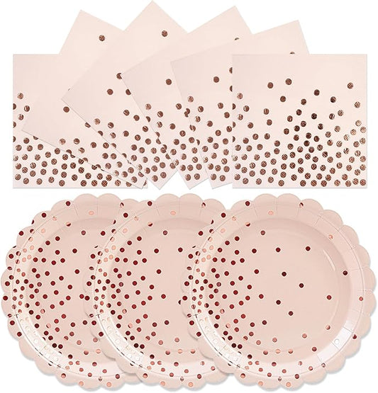 50pcs Pink and Rose Gold Plates and Napkins Party Supplies, 7 Inch Scalloped Pink Paper Dessert Plates Set Disposable Tableware for Birthday Wedding Engagement Bridal Shower Baby Shower Decorations