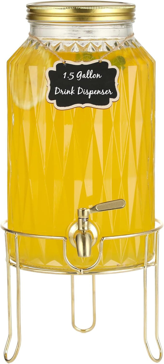 1.5 Gallon Glass Drink Dispenser with Stand – Large Beverage Dispenser with Stainless Steel Spigot, Chalkboard Tags & Marker – Glass Water Dispenser for Fridge, Parties, Weddings and Home Use,Glod