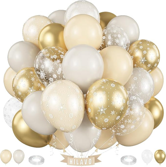 Beige Gold Snowflake Balloons Cream White Sand Gold Metallic Balloons Neutral Boho Ivory Nude Winter Balloon Set for Christmas Ice Wonderland Snow Wedding Baby Bridal Shower Birthday Party Decorations