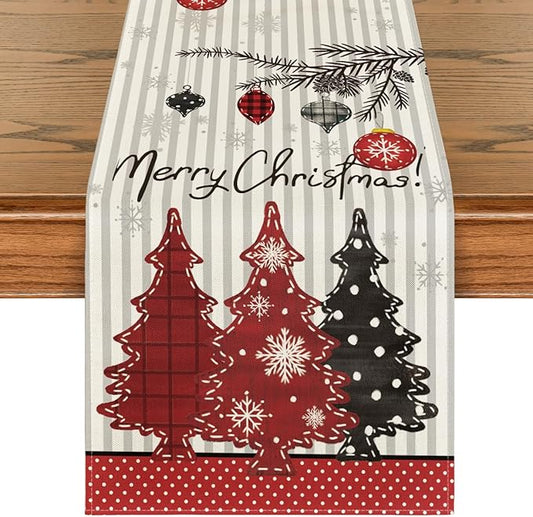 Artoid Mode Xmas Trees Snowflakes Stripes Merry Christmas Table Runner, Seasonal Winter Holiday Kitchen Dining Table Decoration for Home Party Decor 13x120 Inch
