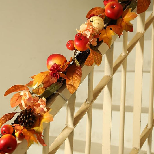 Fall Garland with Pumpkins, Artificial Maple Leaves, Pinecones, Apples & Flowers – 5.6ft Autumn Harvest Garland for Fireplace Mantel, Doorway, Table, Thanksgiving Decor (1 Pack)
