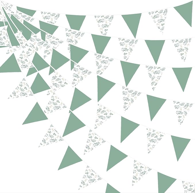 32Ft Sage Green Leaves Party Decorations Green Leaves Triangle Flag Fabric Banner Pennant Bunting Garland Streamers for Birthday Wedding Baby Bridal Shower Jungle Safari Summer Spring Garden Decor