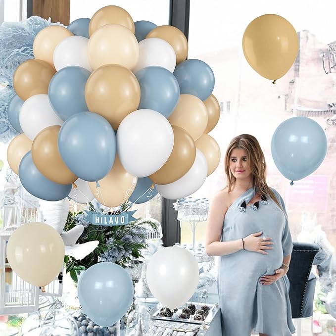 Dusty Blue White Balloons 60 Pcs Dusty Blue White Sand Balloons 12 Inch Neutral Boho Slate Blue Cream Beige Apricot Nude Brown Balloon for Boys Men Bear Bridal Baby Shower Birthday Party Decorations