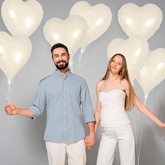 12 Pcs Cream Heart Balloons,18 Inch Cream White Heart Shape Foil Balloons Love Balloon Valentine Balloon for Birthday Party Wedding Engagement Party Baby Shower Valentine Day Decorations (cream)